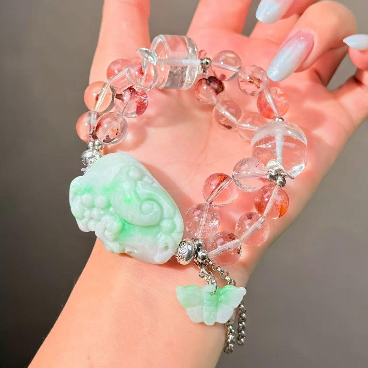 016 Jadeite Hematoid Q Clear QuartzHigh Quality Fashion Jewelry Feng Shui Bead Bracelet Gift
