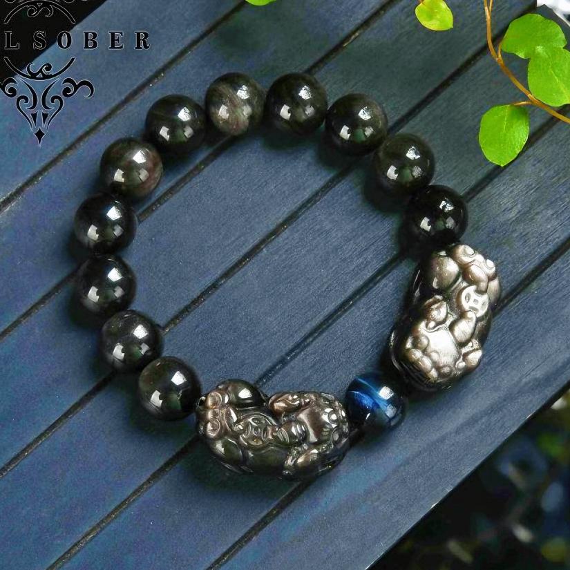 021 Silver obsidian piyao bracelet lucky charm bracelet 2025 energy feng shui high quality fashion magnetic unisex gift