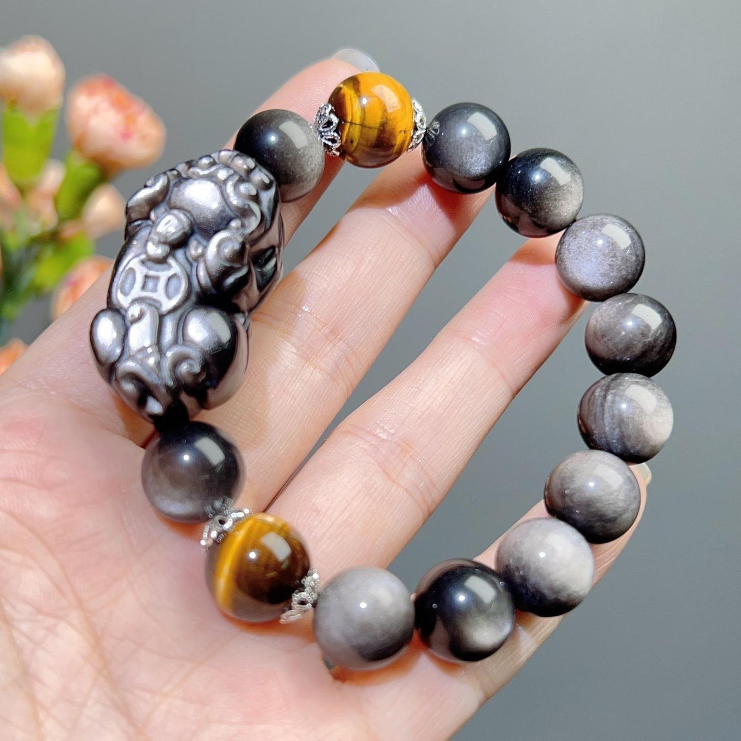 021 Silver obsidian piyao bracelet lucky charm bracelet 2025 energy feng shui high quality fashion magnetic unisex gift