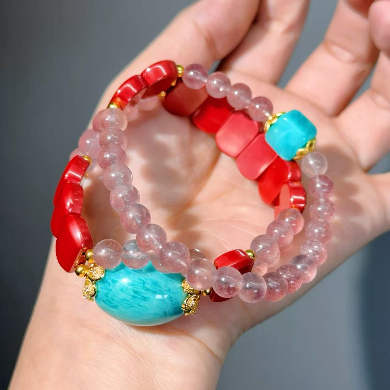 049 Cinnabar Strawberry Quartz Amazonite High Quality Feng Shui Fashion Bracelet Bead Bracelet Magnetic Jewelry Gift