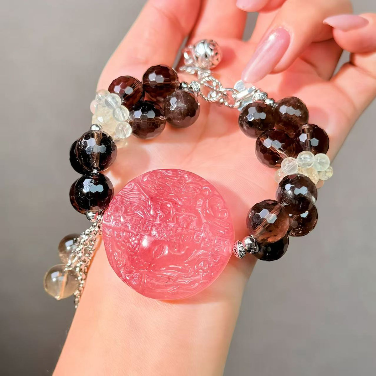 076 Smoky Quartz Strawberry Q Jewelry Feng Shui Bead Bracelet Gift