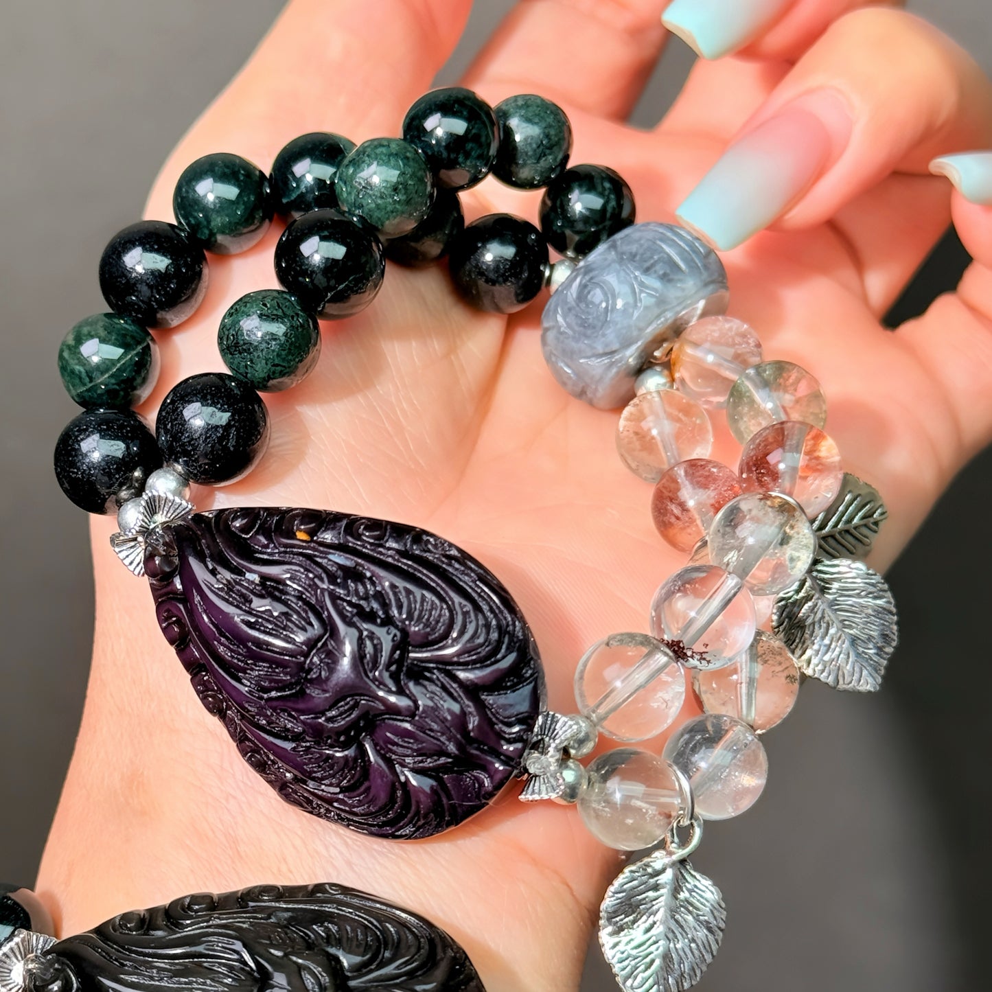 002 Obsidian, Jadeite, Phantom Quartz bracelet lucky DIY bracelet