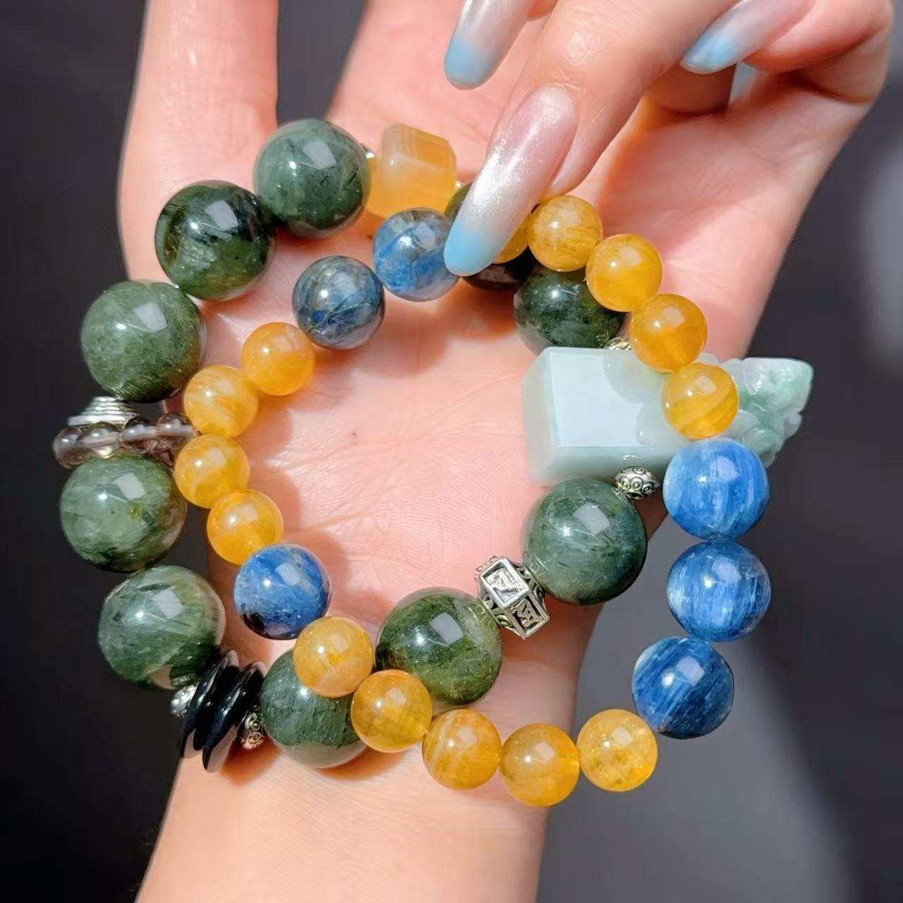 027 Rutilated Quartz Kyanite Fluorite bracelet 2023 lapis lazuli bracelet energy wind water healing wealth beads rosary Chinese bracelet