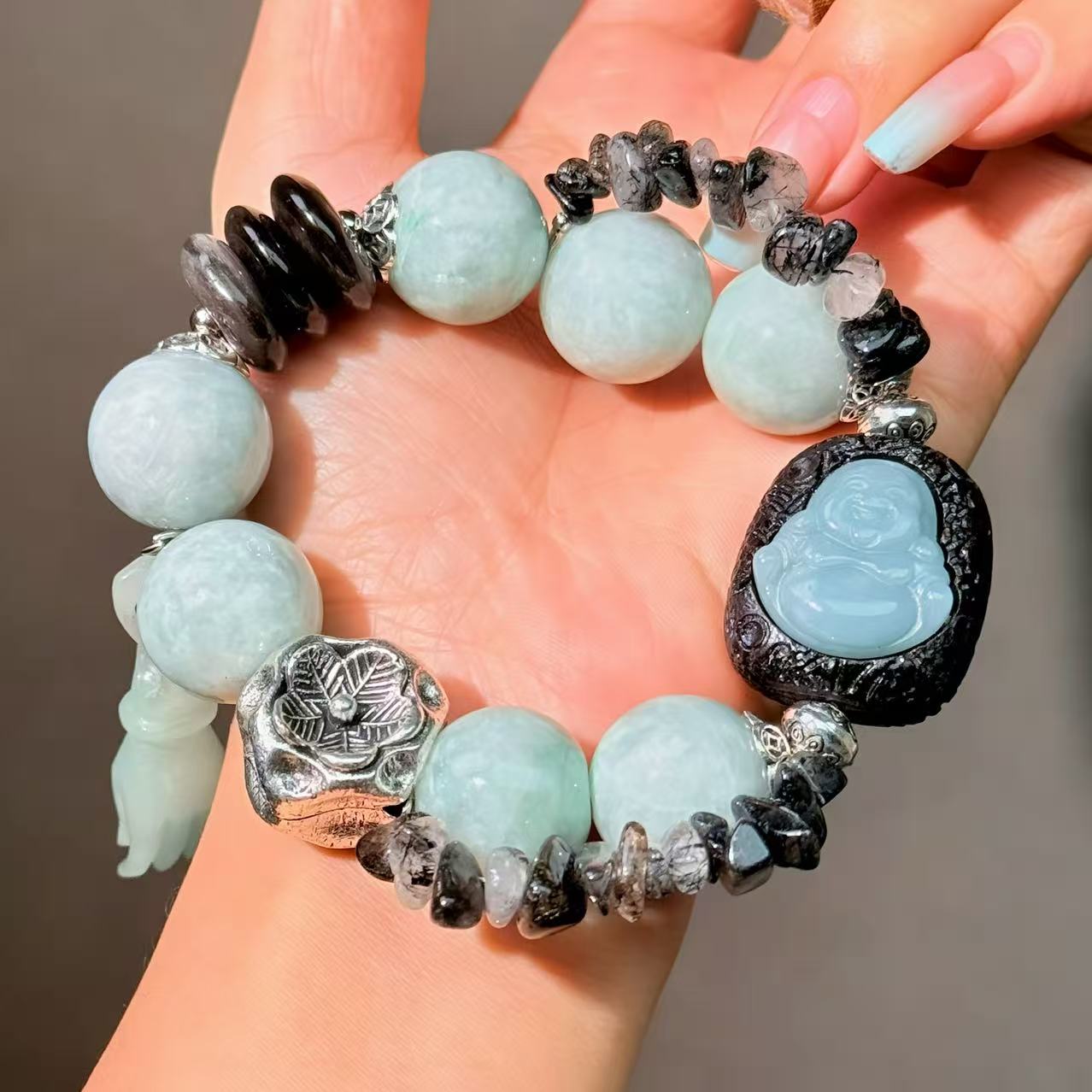 051 Jadeite Rutilated Quartz Obsidian high quality new Chinese magnetic therapy rosary beads