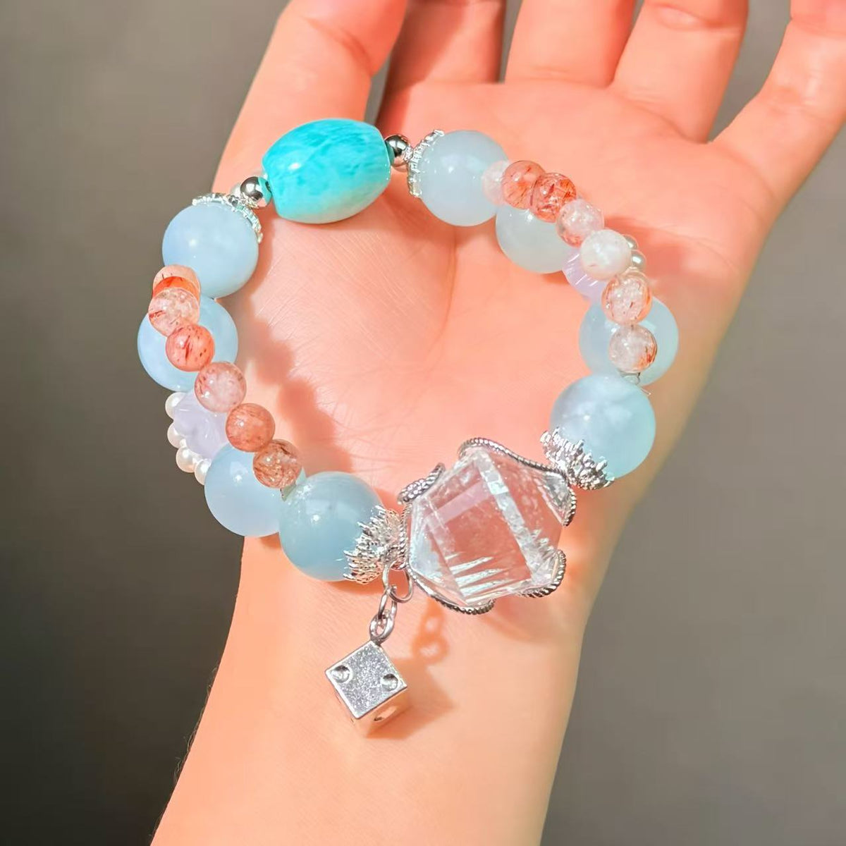 074 Aquamarine Clear Quartz Amazonite bracelet high quality Feng Shui bracelet magnetic beads bracelet gift