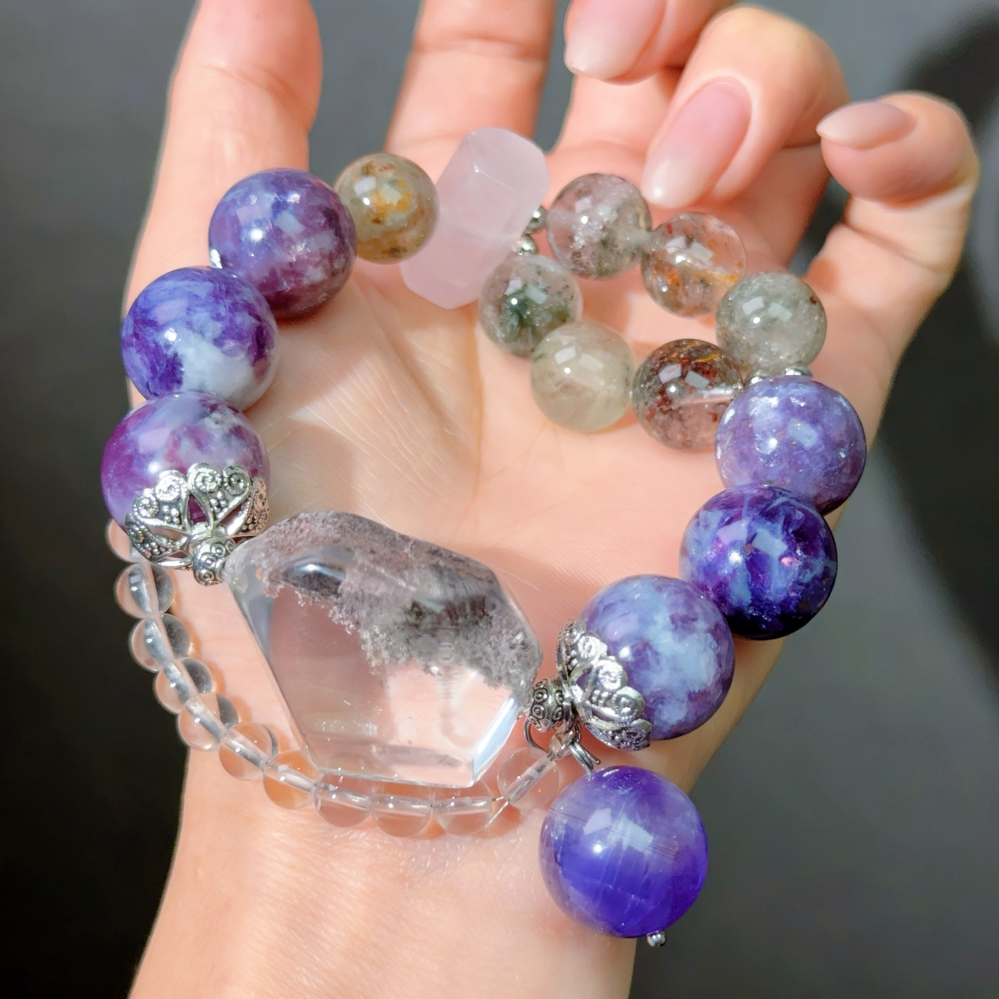 043 Mica Quartz, Phantom Quartz, Rose Quartz High Quality Magnetic Feng Shui Fashion Jewelry Bead Bracelet Gift