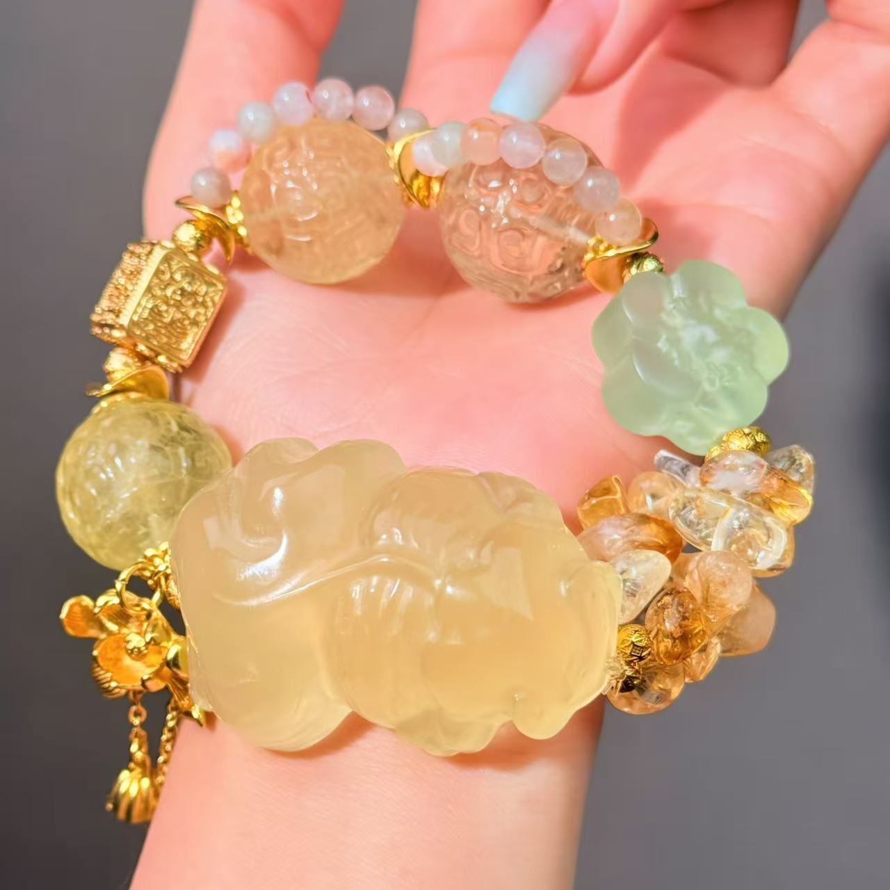 027 Citrine Serpentine bracelet energy wind water healing wealth beads rosary Chinese bracelet