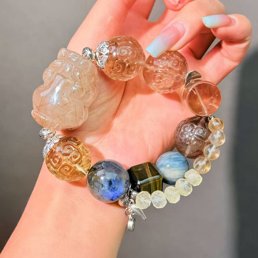 009 Rutilated crystal smoky quartz Labradorite Bracelet Energy High Quality Fashion Jewelry Feng Shui Magnetic Beads Bracelet Gift