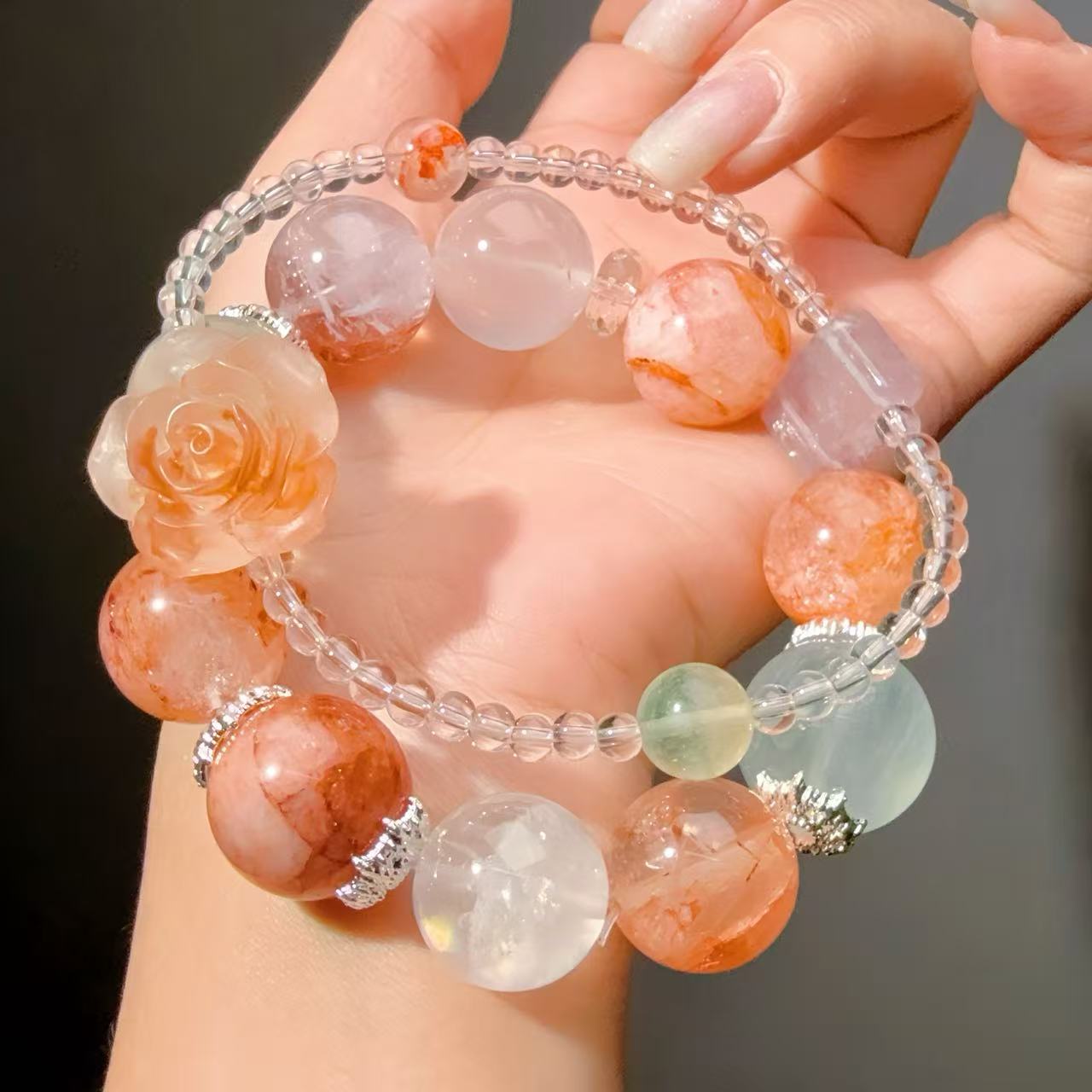 083 fluorite Clear Quartz amethyst bracelet crystal  beads with certificate box gift