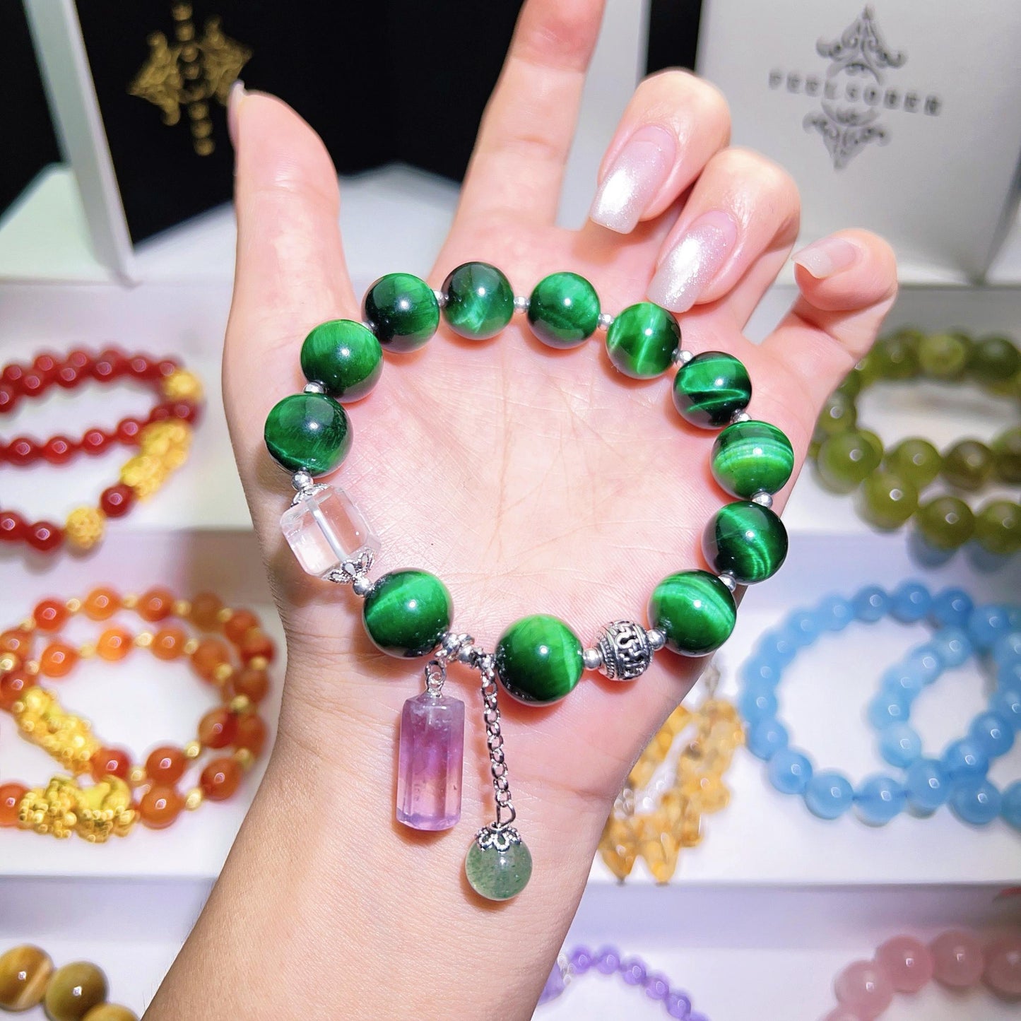 0119 Green Tiger Eye Crystal Bracelet, High Quality Fashion Lucky Charm Bracelet, Clear Quartz Amethyst, Strawberry Quartz, Energy Wind Water Healing Gift