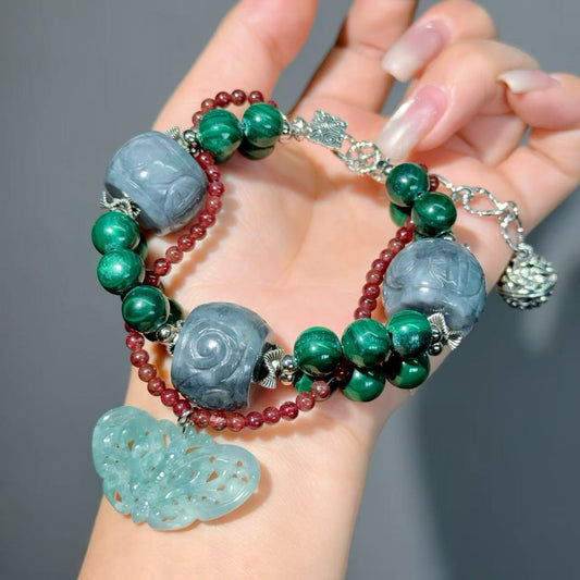 002 Malachite Jadeite Garnet Bracelet. Natural crystal bracelet with magnetic properties, fashionable bracelet gift