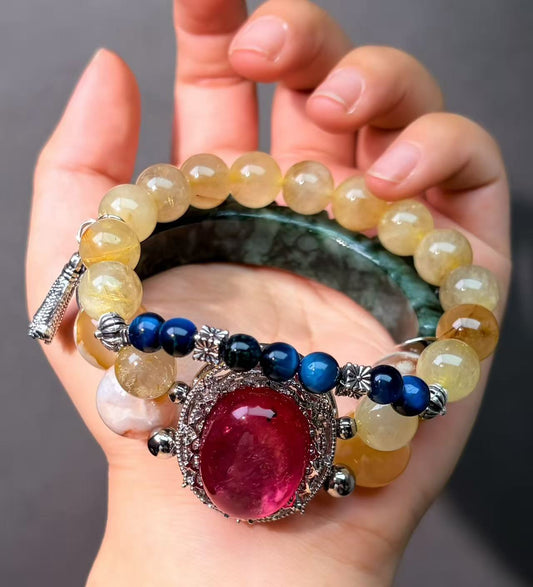 003 Jadeite Golden Rutilated Quartz Agate  Bracelet Energy Beads Bracelet Fashion Magnetic Crystal Jewelry Bracelet Energy Beads Bracelet Fashion Magnetic Crystal Jewelry