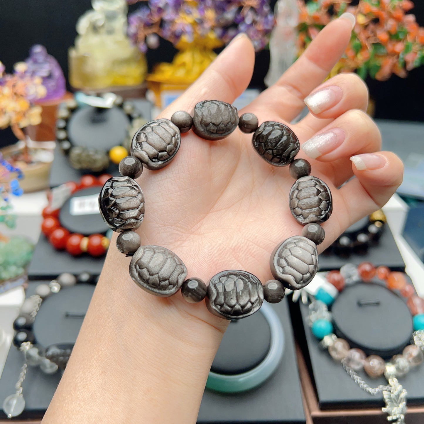 050 Silver obsidian high quality turtle shell shape bracelet Feng Shui lucky charm bracelet 2025, energy magnetic bracelet gift