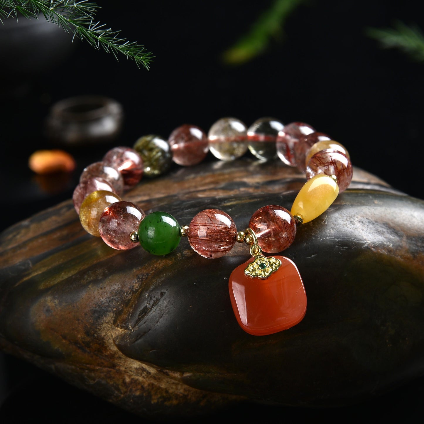 Color Rutilated Quartz beeswax yanyuan agate protection plate bracelet