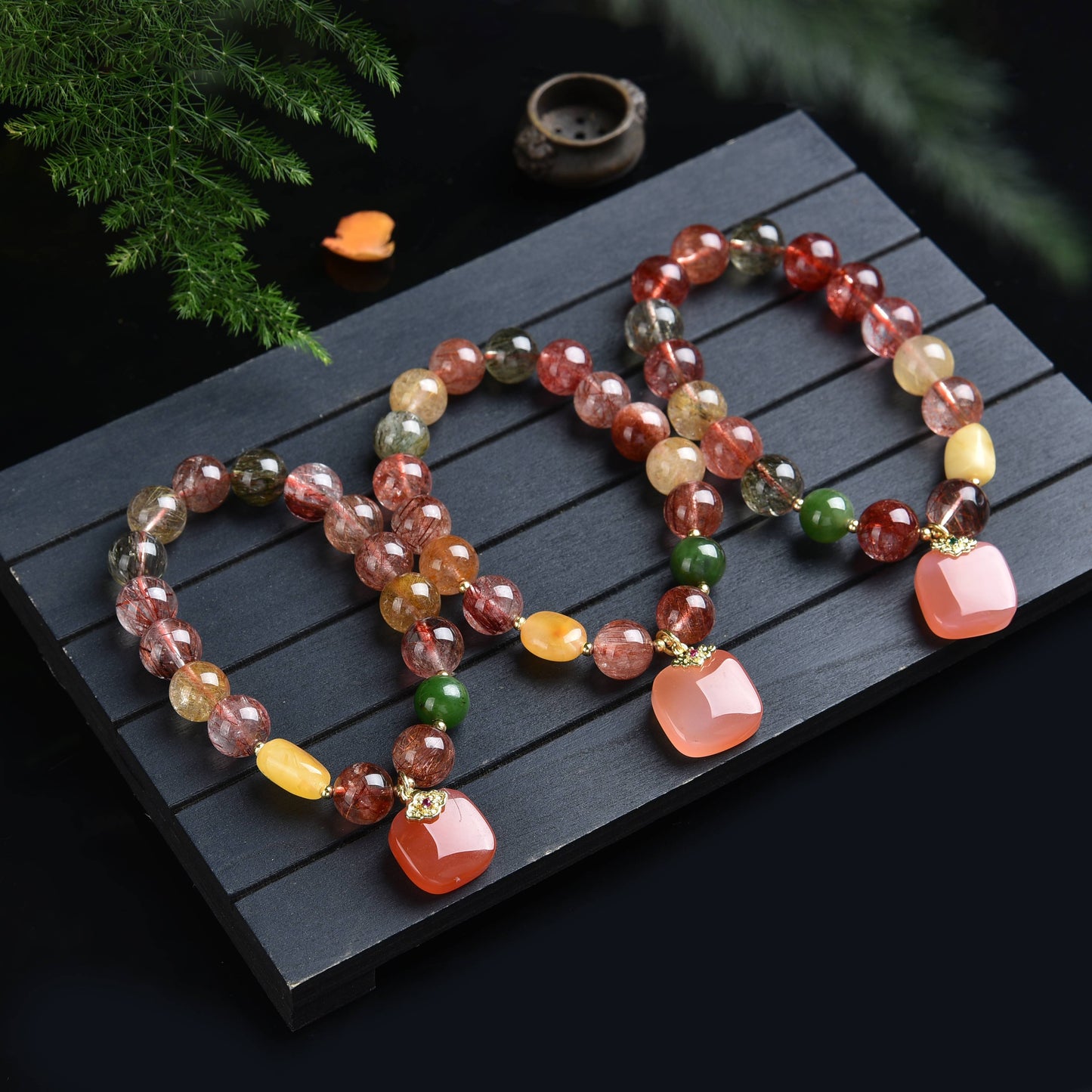 Color Rutilated Quartz beeswax yanyuan agate protection plate bracelet