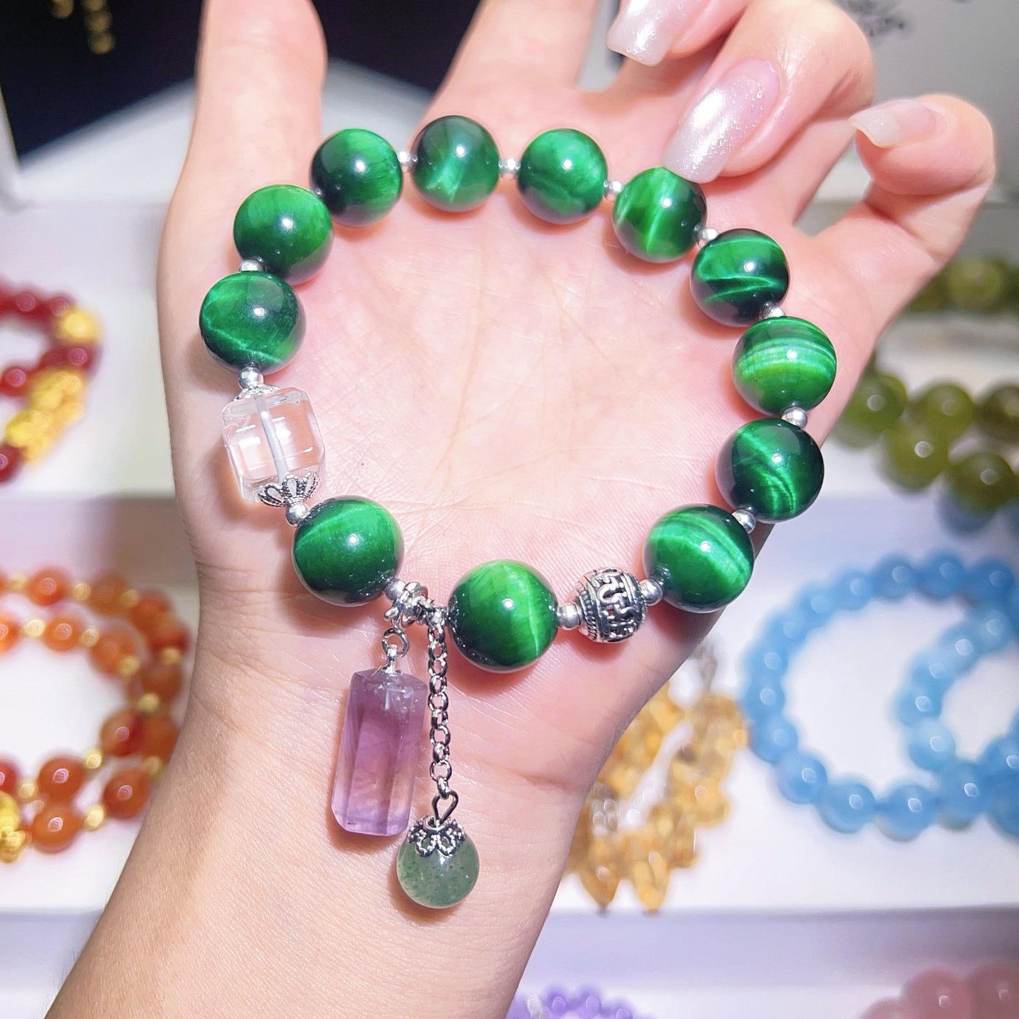 0119 Green Tiger Eye Crystal Bracelet, High Quality Fashion Lucky Charm Bracelet, Clear Quartz Amethyst, Strawberry Quartz, Energy Wind Water Healing Gift