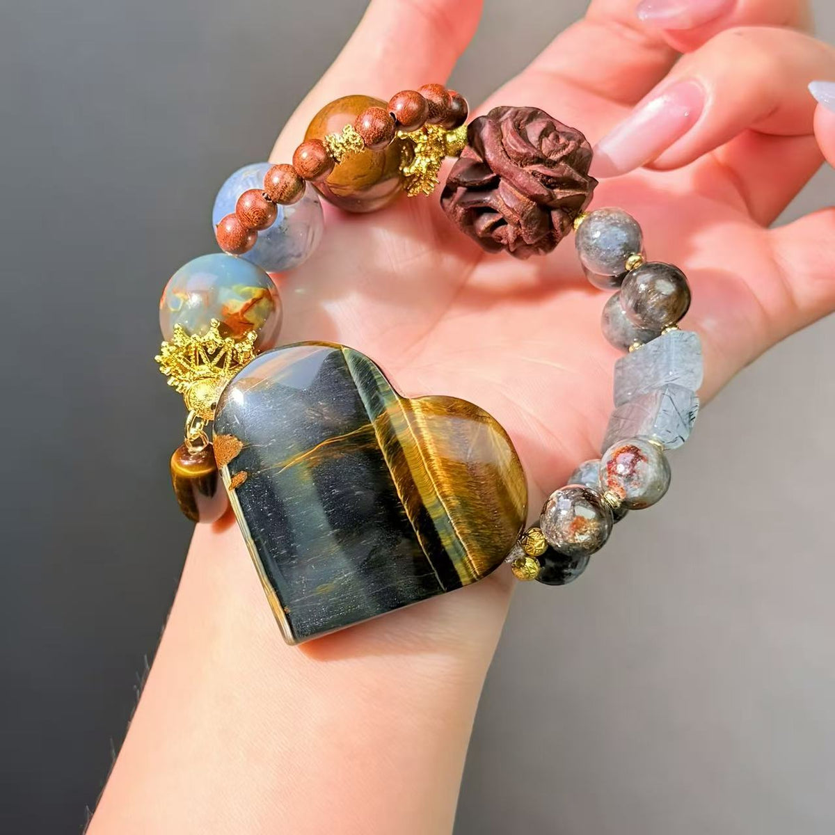 052 Tiger's Eye Aquamarine Rutilated Q High Quality Magnetic Feng Shui Fashion Jewelry Bead Bracelet Gift