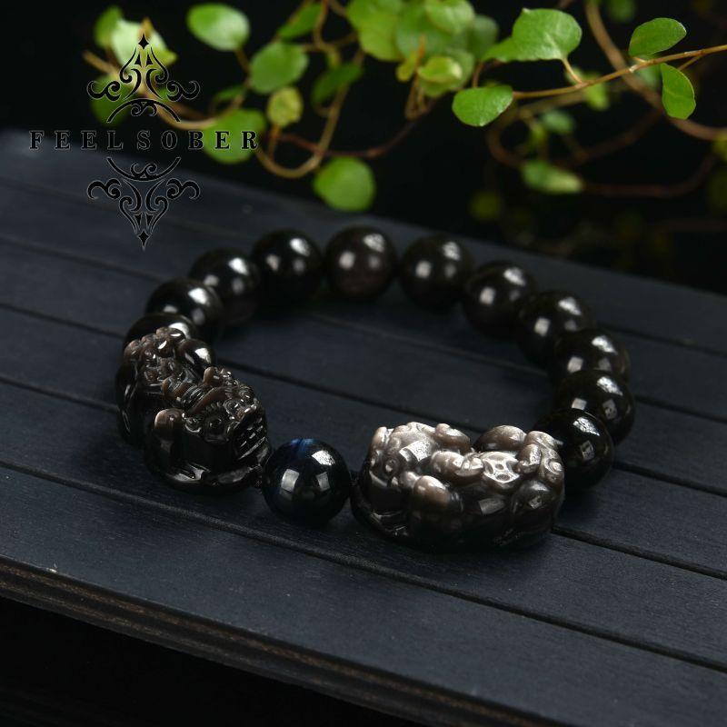 Lucky charm bracelet Fengshui double piyao bracelet energy silver obsidian lucky bracelet men's bracelet blue tiger eye gift for boyfriend