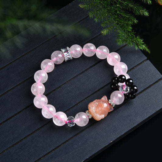 Nine-tailed fox rose quartz bracelet salt source agate beads lucky charm bracelet 2024 with certificate box cleaning tools