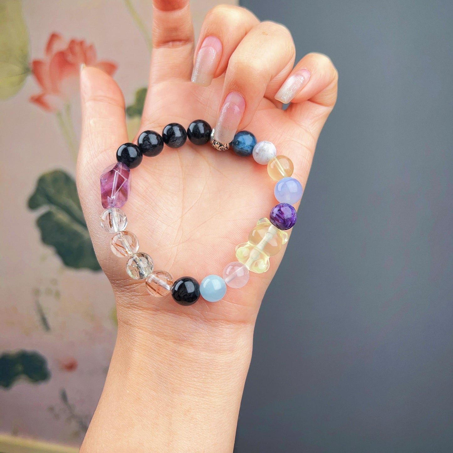 026 All-in-one bear bracelet. Black Rutilated Quartz, Amethyst, Black Gold Super Seven, Citrine Bear. Natural lucky charm bracelet energy Feng Shui