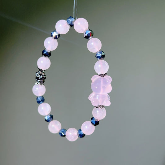 049 Rose quartz bear cute bracelet. Hematite bracelet heals love