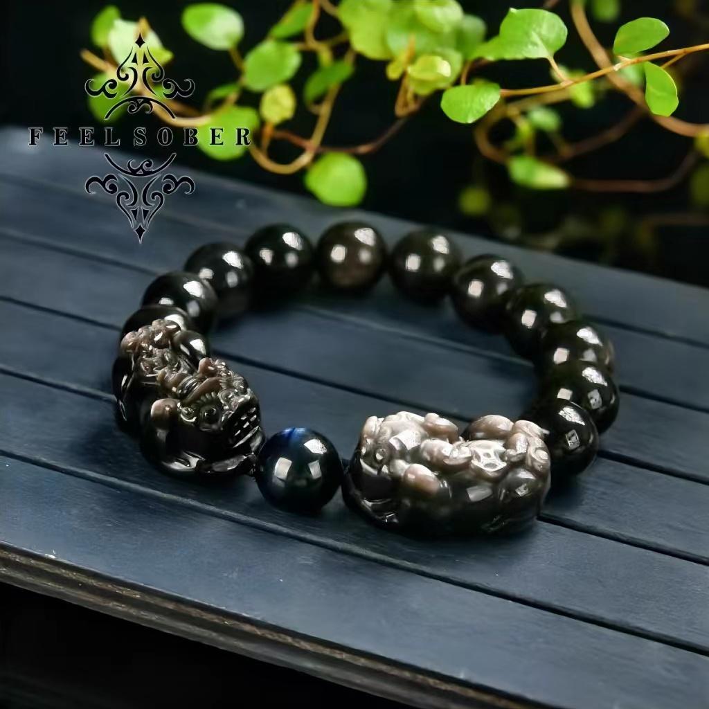 Lucky charm bracelet Fengshui double piyao bracelet energy silver obsidian lucky bracelet men's bracelet blue tiger eye gift for boyfriend