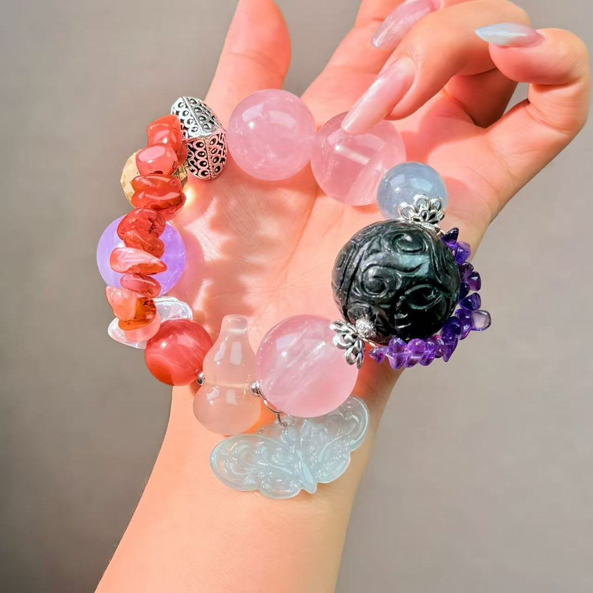 068 Rose Quartz Jadeite Amethyst Bracelet  Energy High Quality Magnetic Feng Shui Fashion Jewelry Bracelet Gift