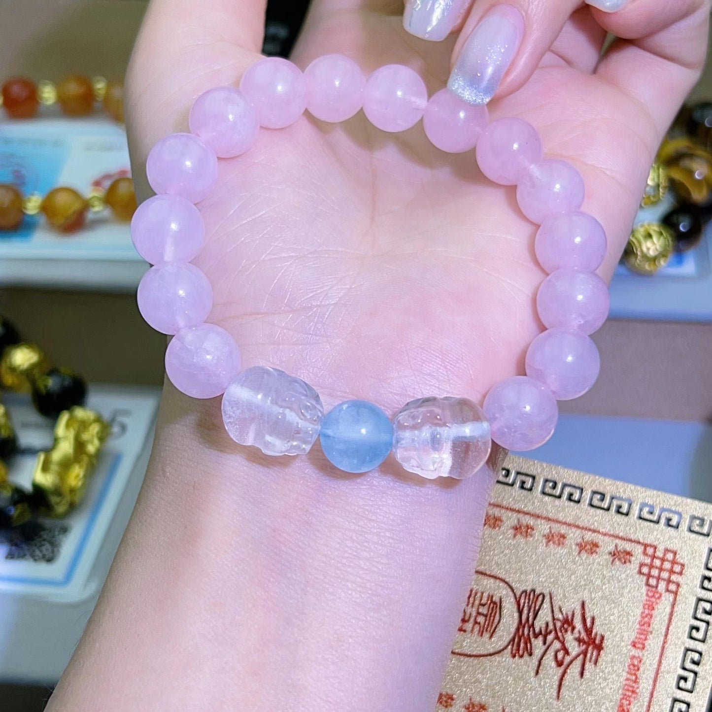 010 Rose quartz piyao bracelet with certificate lucky charm