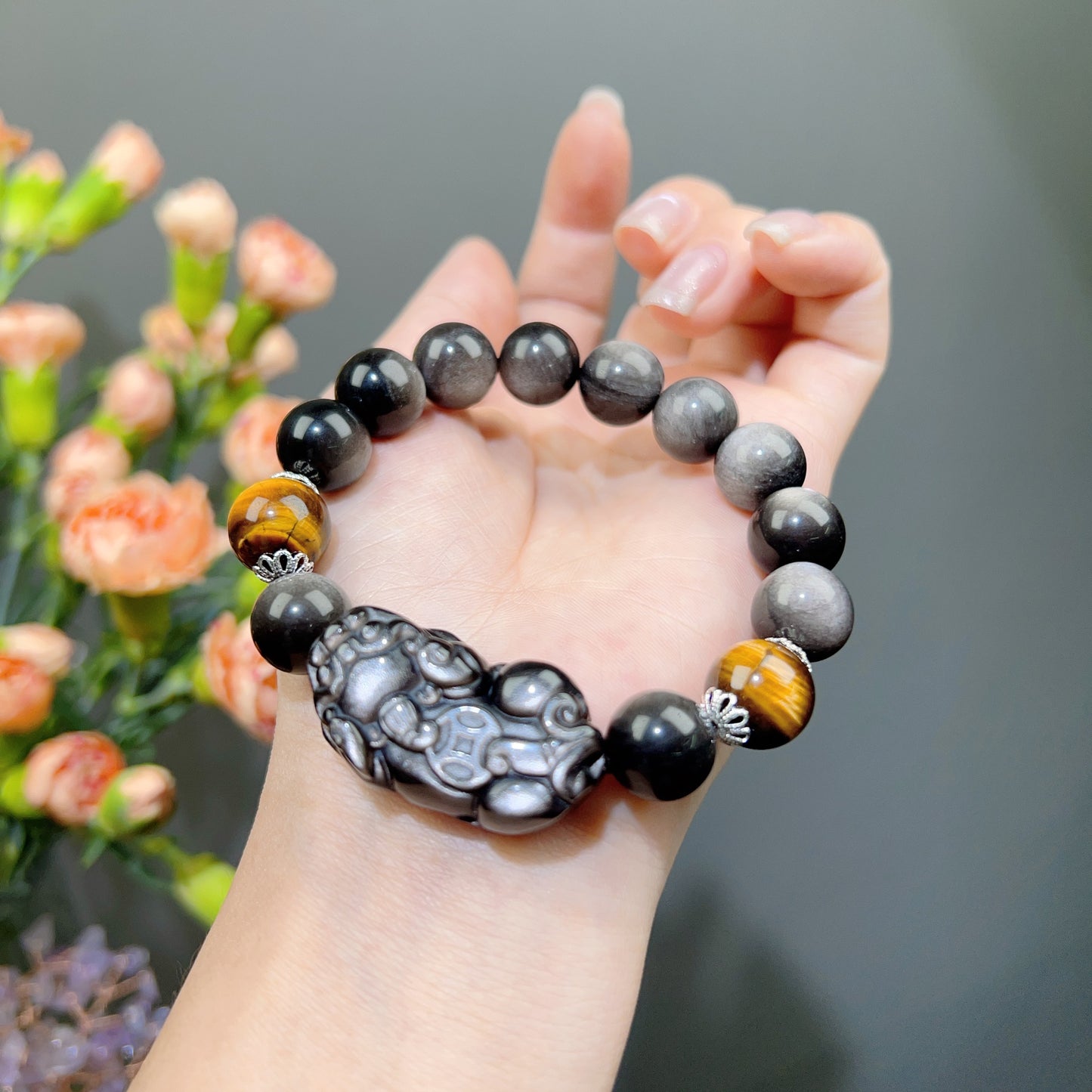 021 Silver obsidian piyao bracelet lucky charm bracelet 2025 energy feng shui high quality fashion magnetic unisex gift I