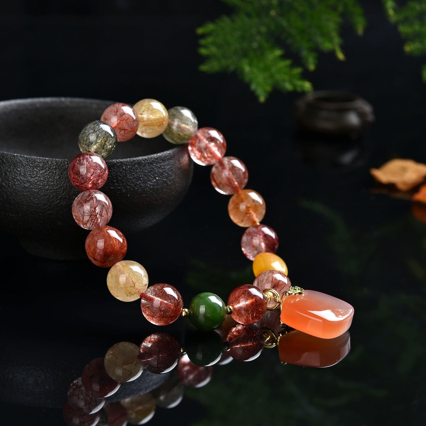 Color Rutilated Quartz beeswax yanyuan agate protection plate bracelet