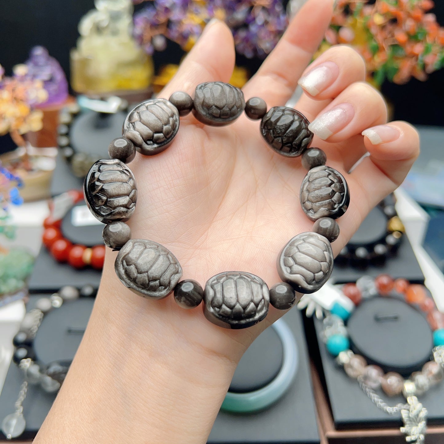 050 Silver obsidian high quality turtle shell shape bracelet Feng Shui lucky charm bracelet 2025, energy magnetic bracelet gift