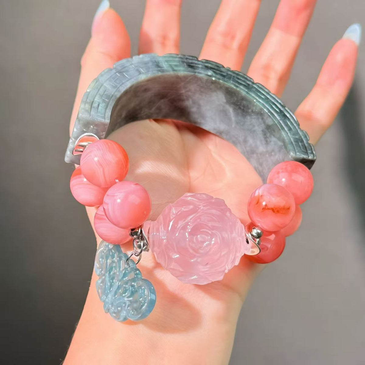 069 Jadeite Agate Rose Quartz Bracelet  Energy High Quality Bead Bracelet Fashion Magnetic Gift