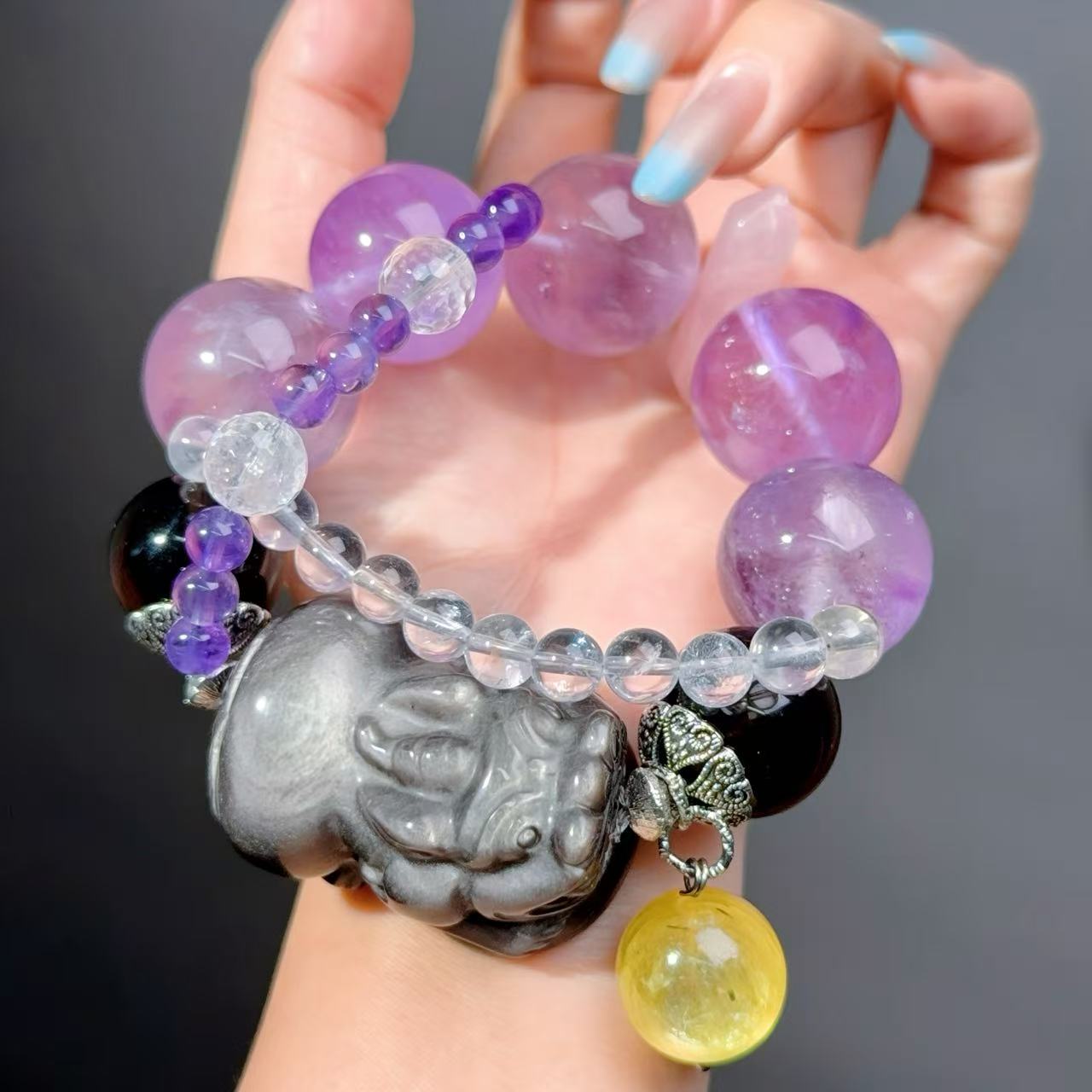 012 Amethyst Obsidian Lepidolite Jewelry Magnetic Feng Shui Bracelet Gift