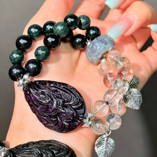 002 Obsidian, Jadeite, Phantom Quartz  bracelet lucky DIY bracelet