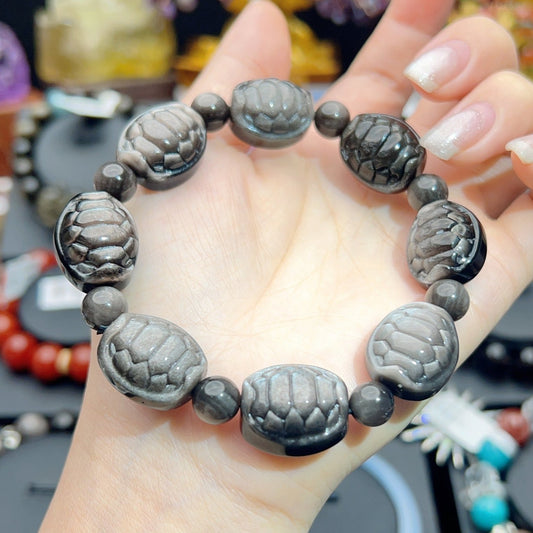 050 Silver obsidian high quality turtle shell shape bracelet Feng Shui lucky charm bracelet 2025, energy magnetic bracelet gift