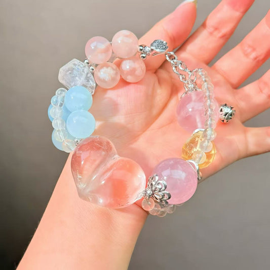 004 Clear Quartz Aquamarine Rose Quartz Bracelet Combination Link, Lucky Charm Bracelet Energy Magnetic Bead Bracelet Gift