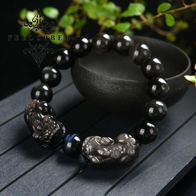 Lucky charm bracelet Fengshui double piyao bracelet energy silver obsidian lucky bracelet men's bracelet blue tiger eye gift for boyfriend