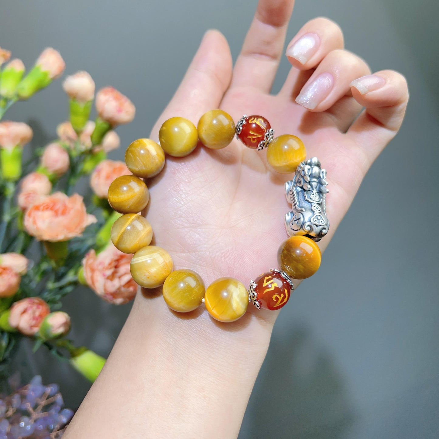 040 S999.  Tiger Eye Stone 14MM Beads Piyao Bracelet Lucky Charm Bracelet 2025 Feng Shui Fashion Energy Magnetic High Quality Bracelet Gift