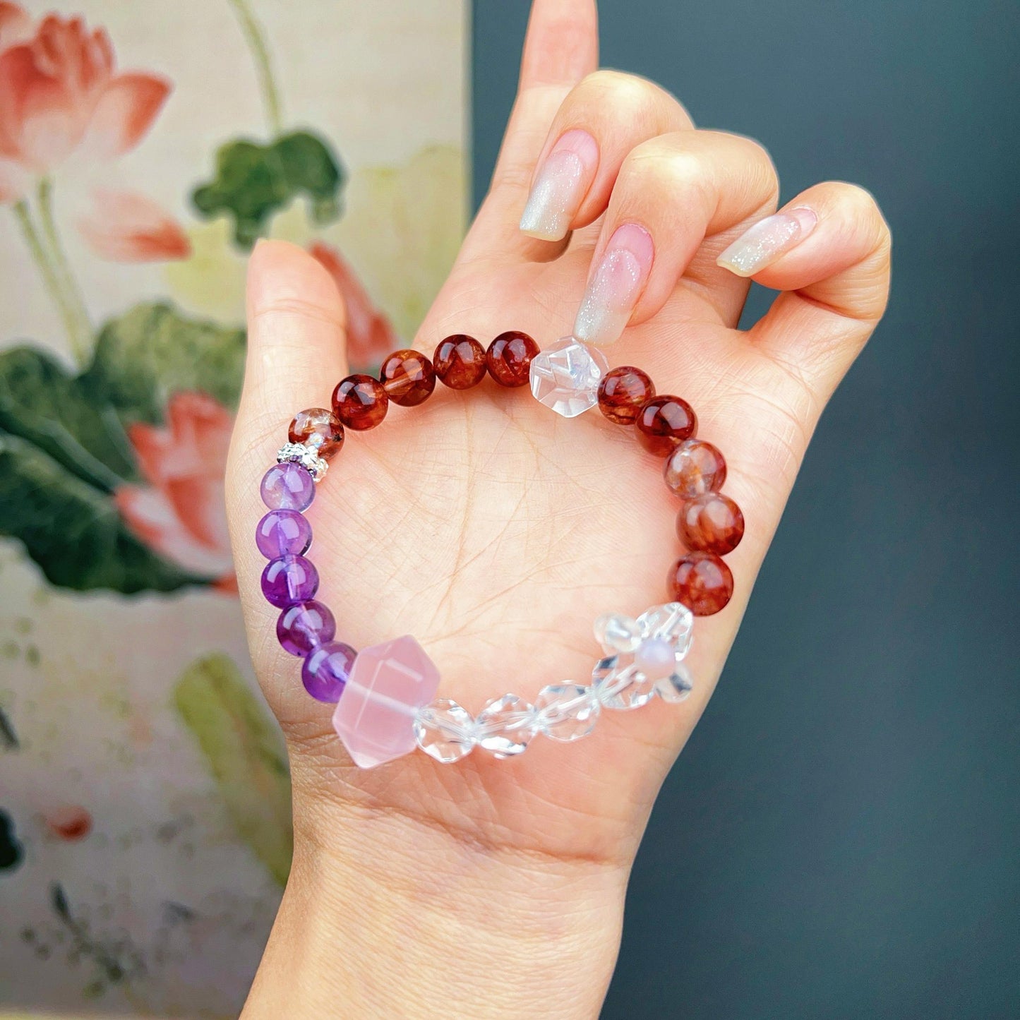 019 4 in 1 bracelet. Fire quartz, amethyst, clear quartz, rose quartz. Natural lucky charm bracelet energy feng shui