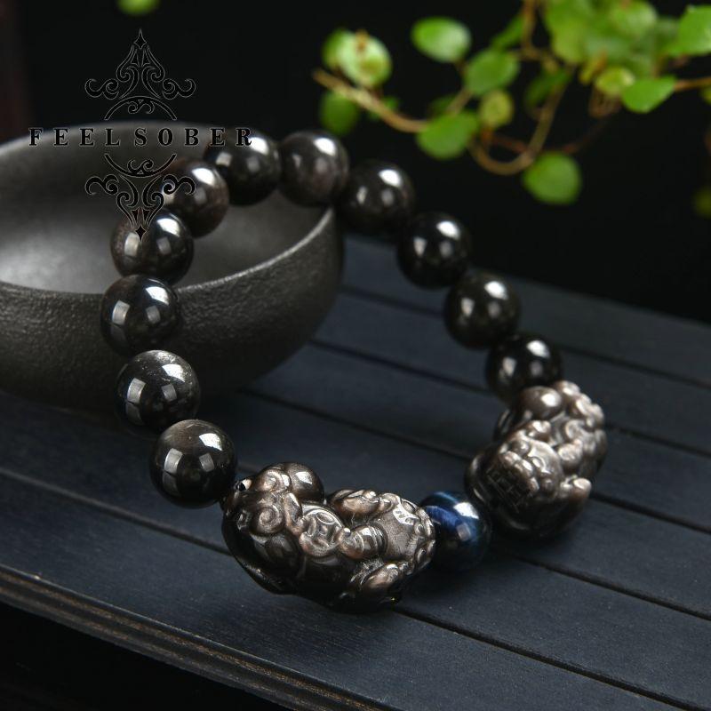 Lucky charm bracelet Fengshui double piyao bracelet energy silver obsidian lucky bracelet men's bracelet blue tiger eye gift for boyfriend