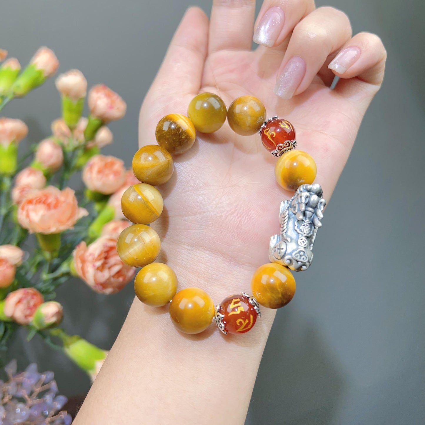 040 S999.  Tiger Eye Stone 14MM Beads Piyao Bracelet Lucky Charm Bracelet 2025 Feng Shui Fashion Energy Magnetic High Quality Bracelet Gift