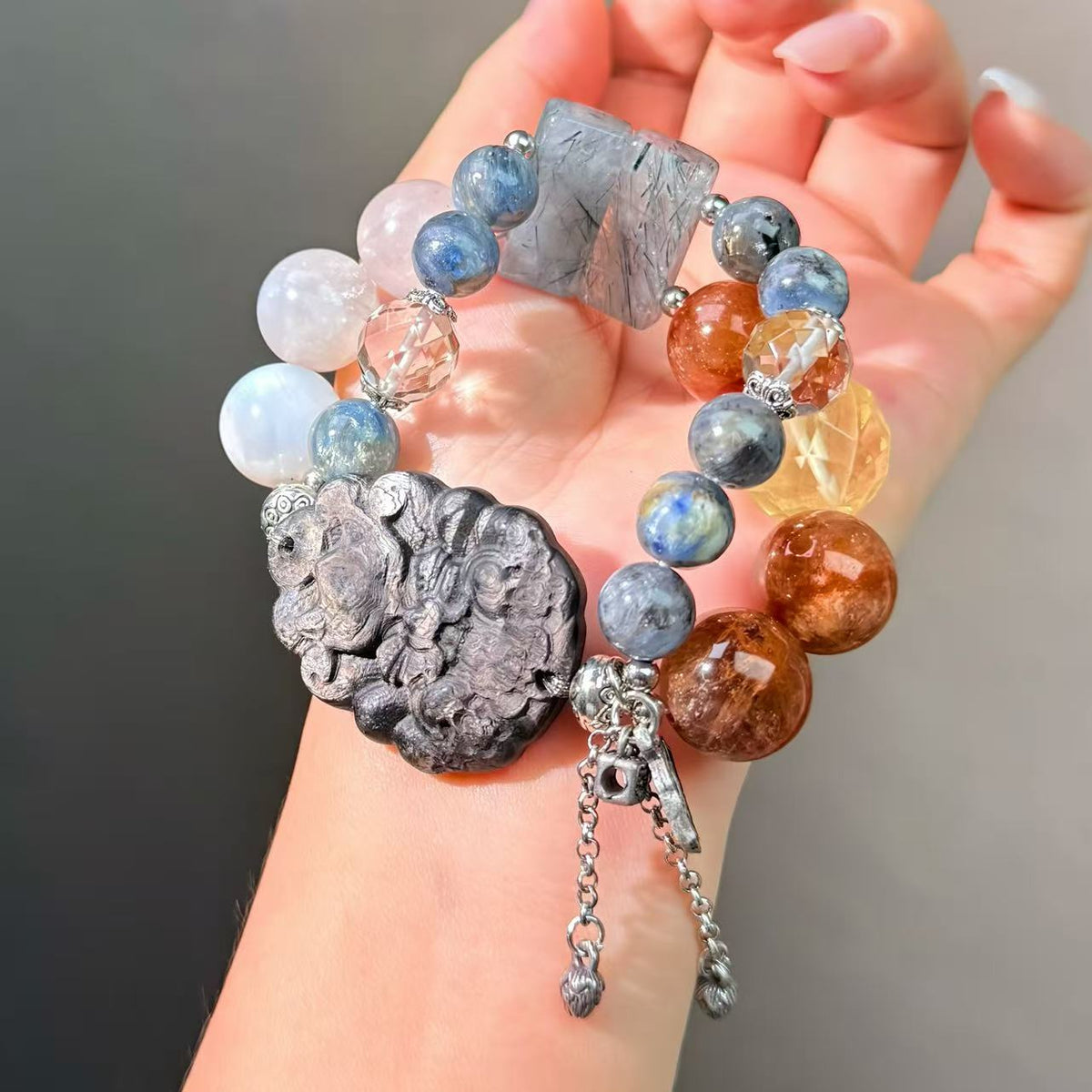 061 Hypersthene Kyanite Moonstone bracelet, lucky charm with certificate energy feng shui bracelet, fashionable unisex gift