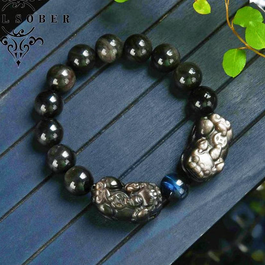 Lucky charm bracelet Fengshui double piyao bracelet energy silver obsidian lucky bracelet men's bracelet blue tiger eye gift for boyfriend