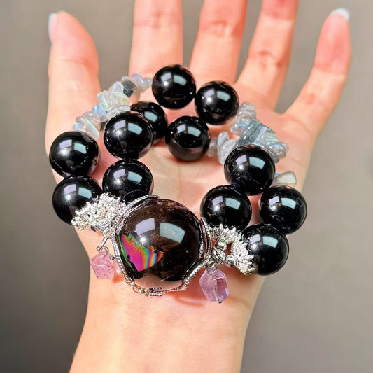 004 Tourmaline Rutilated Q Labradorite Bracelet Combination Link, Lucky Charm Bracelet Energy Magnetic Bead Bracelet Gift