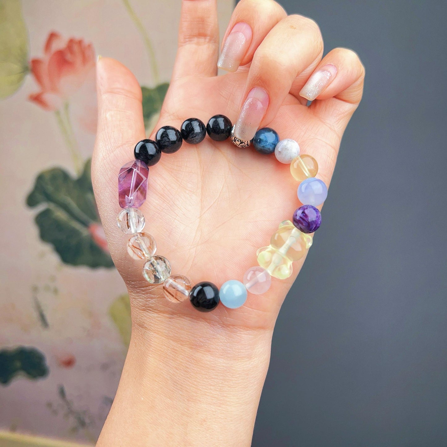 026 All-in-one bear bracelet. Black Rutilated Quartz, Amethyst, Black Gold Super Seven, Citrine Bear. Natural lucky charm bracelet energy Feng Shui