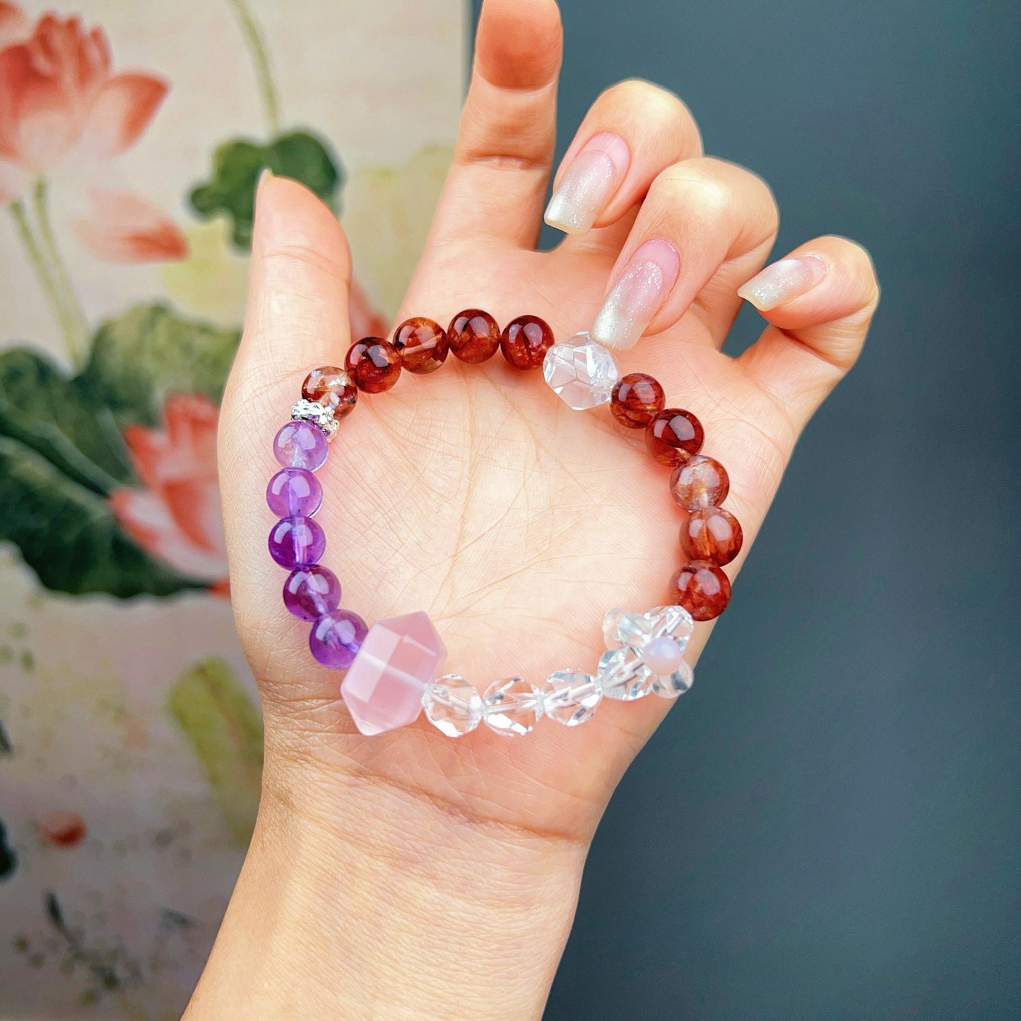 019 4 in 1 bracelet. Fire quartz, amethyst, clear quartz, rose quartz. Natural lucky charm bracelet energy feng shui