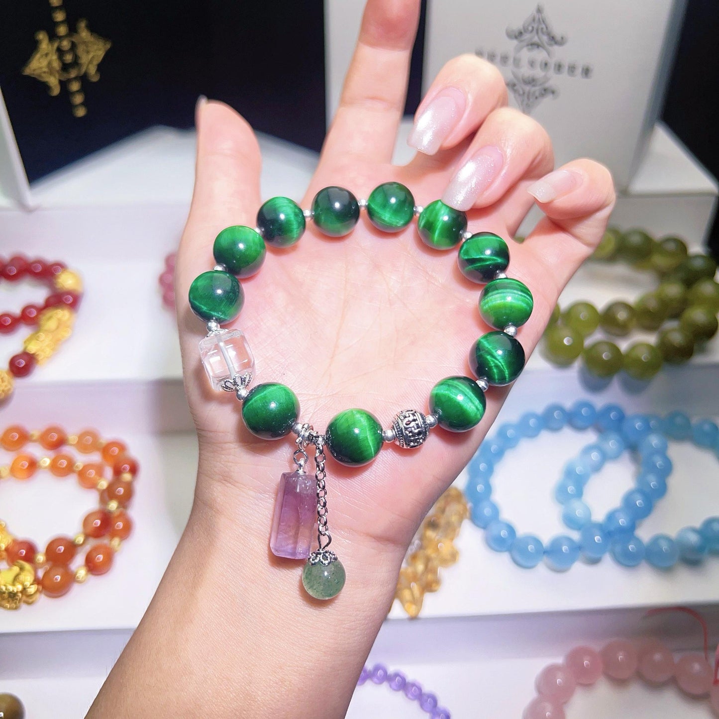 0119 Green Tiger Eye Crystal Bracelet, High Quality Fashion Lucky Charm Bracelet, Clear Quartz Amethyst, Strawberry Quartz, Energy Wind Water Healing Gift