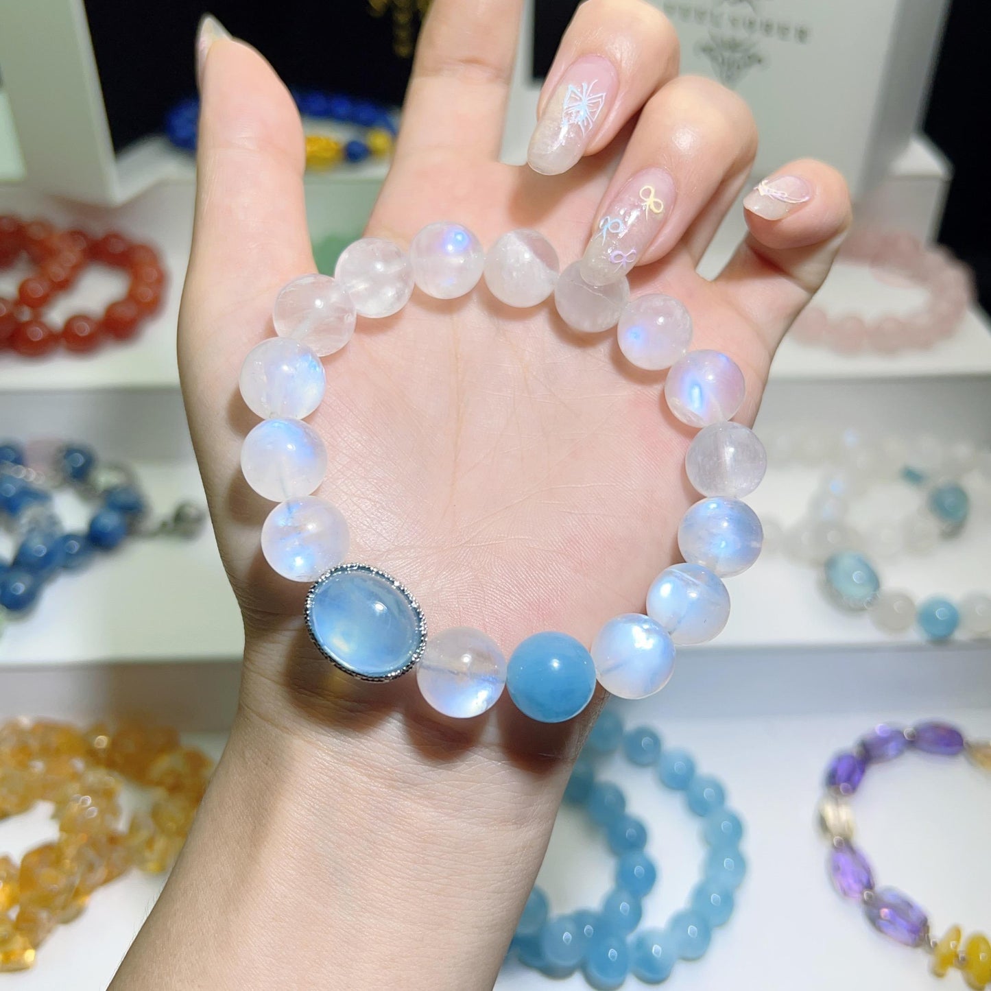 036 HQ Moonstone Aquamarine Bracelet with Certificate Box Lucky Charm Gift