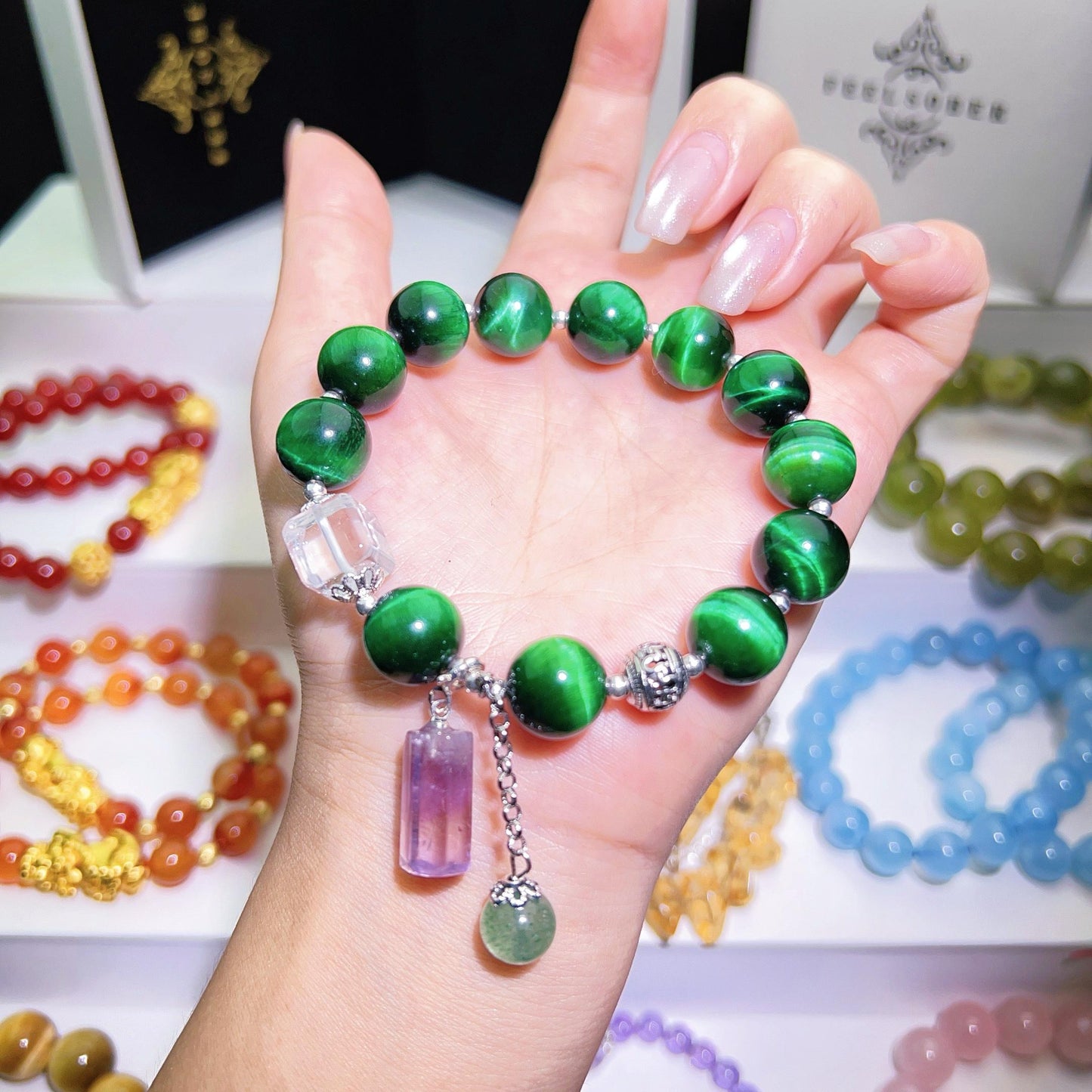 0119 Green Tiger Eye Crystal Bracelet, High Quality Fashion Lucky Charm Bracelet, Clear Quartz Amethyst, Strawberry Quartz, Energy Wind Water Healing Gift