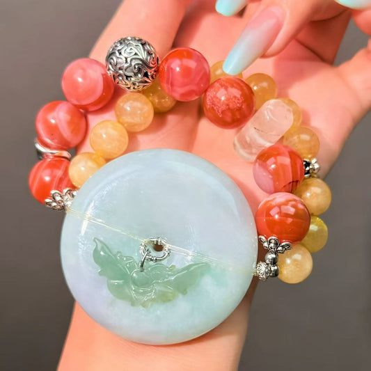 061 Rutilated Quartz Red Agate Jadeite bracelet, lucky charm with certificate energy feng shui bracelet, fashionable unisex gift